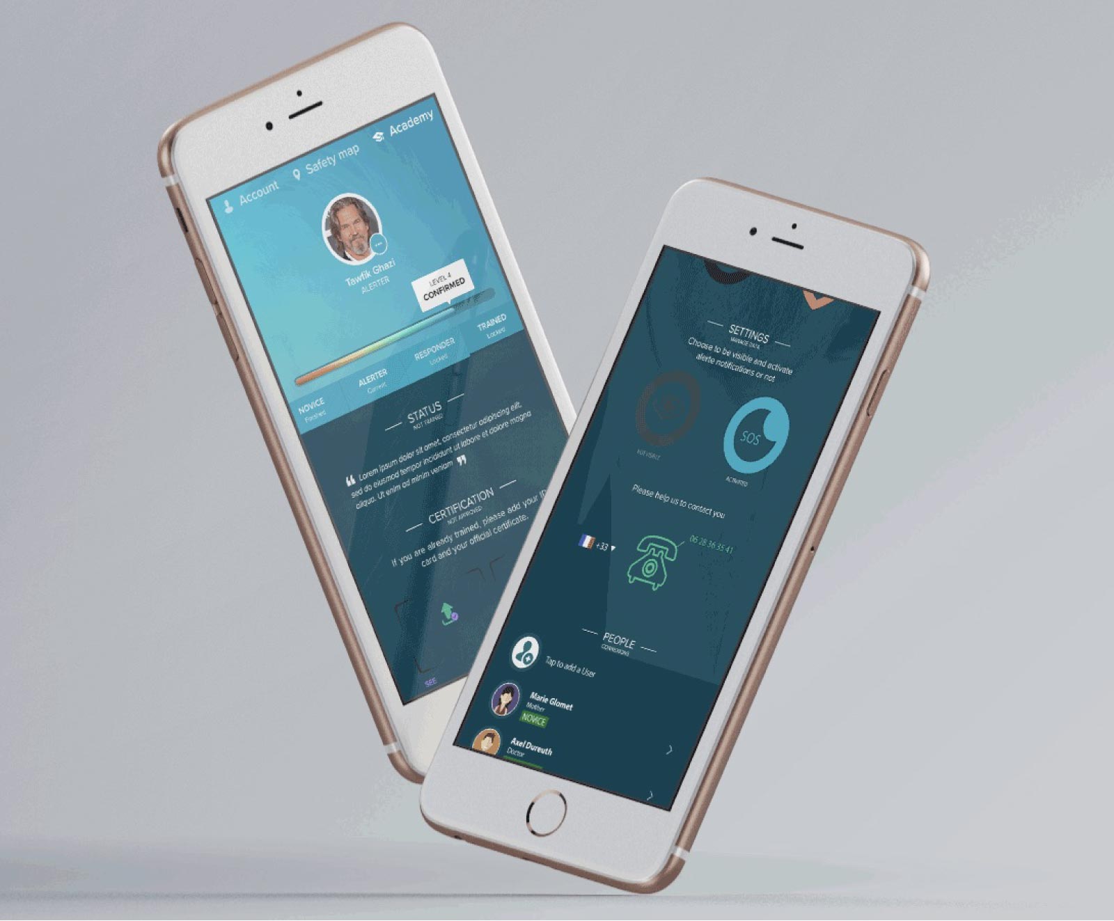 mockups d'une application d'aide en cas d'accident ou de besoin de premiers soins