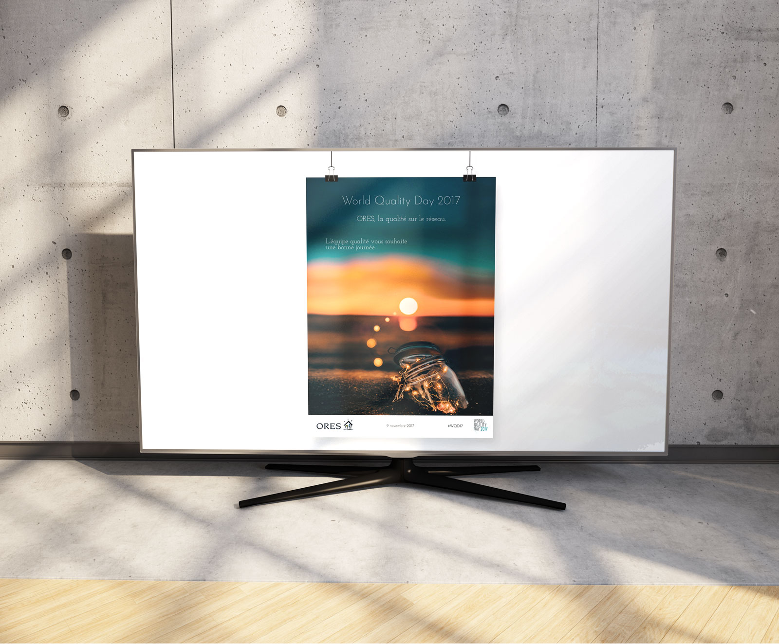 Réalisation d’une “affiche numérique” diffusée sur les écrans tv en interne et d’une bannière pour le site web de la société pour le World Quality Day 2017 (#WQD17)